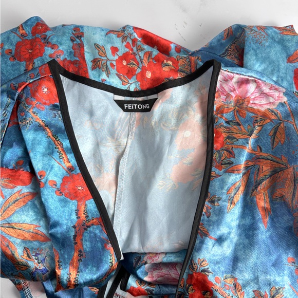 Beautiful Kimono maxi dress teal floral stain design dress feitong EUC - Picture 7 of 9